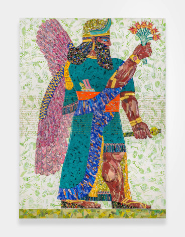 Michael Rakowitz, The invisible enemy should not exist (Northwest Palace of Kalhu, Room S, Panel S-d-2), 2022, Arabic newspapers, food packaging, cardboard relief sculptures on wood panel, 224.79 x 163.83 x 10.16 cm