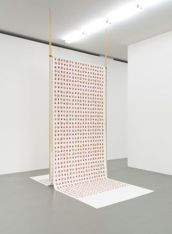 Rossella Biscotti, Seeds, 2019, Silkscreen print on cotton, rubber strips, 700 x 150 cm