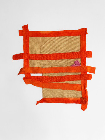 Hana Miletic, Materials, 2021, Hand-woven (carrot and dahlia-coloured eri silk, natural cord, orange flax cord, organic hemp, pale pink raw wool, paprika-coloured linen, and tangerine orange organic cotton), 51 x 42 x 1 cm