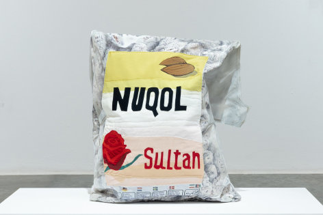 Hangama Amiri, Nuqol-e Afghani, 2023, Inkjet, print on Chiffon, muslin, cotton, velvet, chiffon, clear vinyl, and paper, 63 x 108 x 9 cm