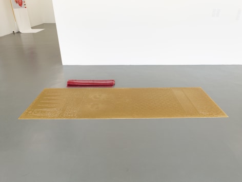 Rossella Biscotti, Sanikem&mdash;Nyai Ontosoroh&mdash;Madame Le Boucq, 2019&nbsp;, Installation of two natural rubber sheets, 350 x 108 cm and 210 x 100 cm&nbsp;