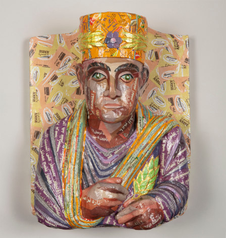 Michael Rakowitz, May The Obdurate Foe Not Be In Good Health (Limestone Funerary Bust), 2020, Middle Eastern food packaging and newspaper, with glue on panel, 46.5 x 35.5 x 19 cm