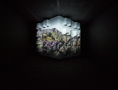 Asma Belhamar, The Edifice of Sba, 2019, Wood Structure, video projection; dimensions variable