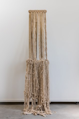 Afra Al Dhaheri, Bobby tamed our frizz, 2022, Bobby pins and cotton rope on wood, 220 x 40 x 45 cm