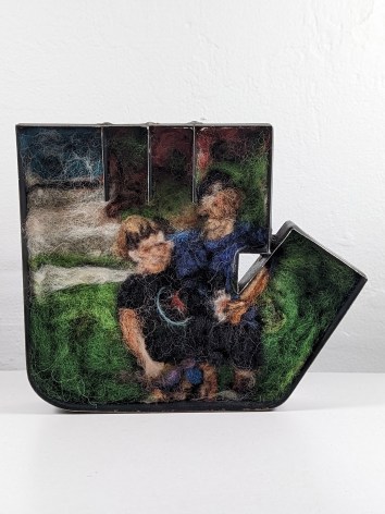 Melissa Joseph, Jim and Casey in Nan&#039;s yard with pepsi, 2022, Needle felted wool on industrial felt in found glove cutter, 15.8 x 18.8 x 3 cm