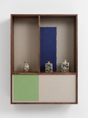 Kamrooz Aram, Domestic Composition (biruni/andaruni), 2022, Wallnut vennered MDF, glass, oil and pencil on linen and ceramic objects