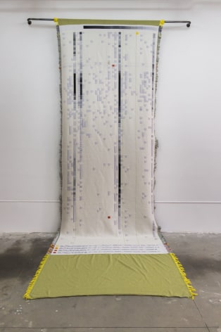 Rossella Biscotti,&nbsp;Other (current residents), 2015, Jacquard‐woven wool textile, steel, 830 x 170 cm