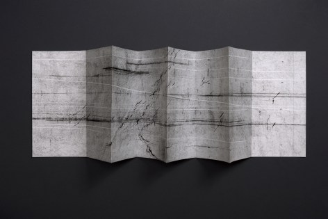 Seher Shah, Waves (IV), 2024, Concertina handmade book with graphite dust, charcoal and ink on laid paper, 33 x 135 cm