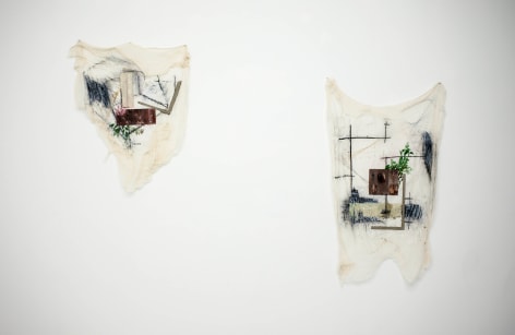 Afra Al Dhaheri, Thoughts on fabric, 2015, Encaustic, cement, charcoal, graphite, colored pencil on stiffened cheesecloth