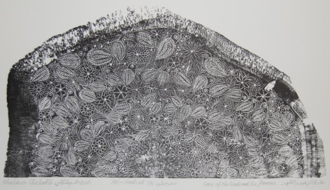 Khaldoun Chichakli, Cave of the Birds and the Flowers, 1983, Woodcut print, 19 x 34.5 cm, Ed. of 10