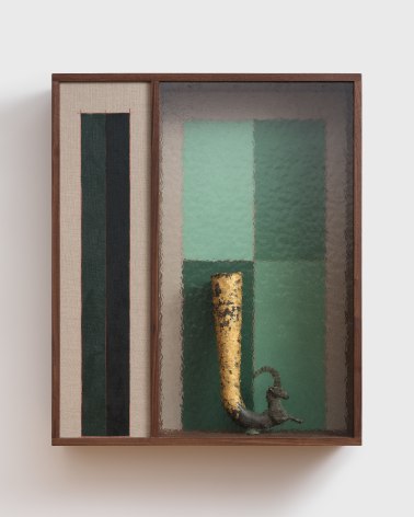 Kamrooz Aram, Domestic Composition (Ancient Agenda), 2025, Walnut and textured glass, oil and colored pencil on linen, bronze object