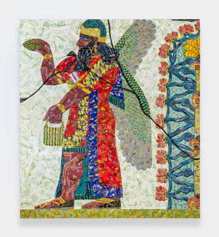 Michael Rakowitz, The invisible enemy should not exist (Northwest Palace of Kalhu, Room S, Panel S-20), 2022, Arabic newspapers, food packaging, cardboard relief sculptures on wood panel, 224.79 x 203.2 x 10.16 cm