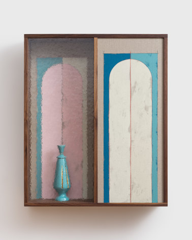 Kamrooz Aram, Domestic Composition (Homage to the Neon Virgin), 2025, Walnut and textured glass, oil and colored pencil on linen, ceramic
