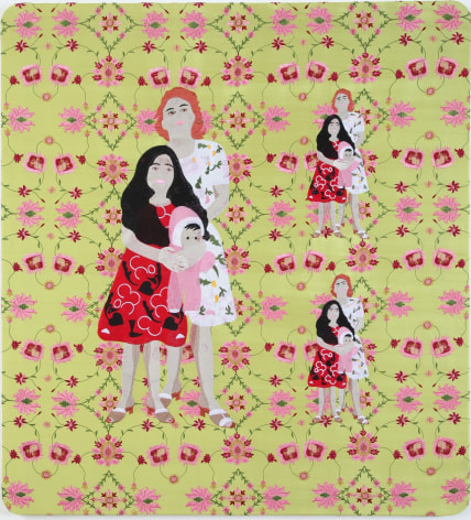 Raed Yassin, Mama, Mira and the Doll, 2013, Silk thread embroidery on embroidered silk cloth, 105 x 95 cm
