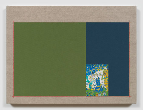 Kamrooz Aram, Esfahan Composition, 2018, Color pencil, book cloth and postcards on linen