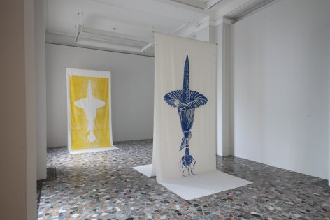 Rossella Biscotti, Amorphophallus (Blue/Yellow), 2019, Silkscreen print on cotton, rubber strips