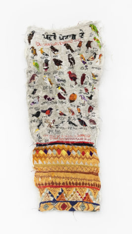 Jagdeep Raina, Moon Garden Punjabi Birds, 2020, Embroidered tapestry, phulkari border on muslin, 68.58 x 25.4 cm