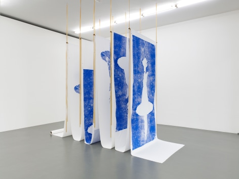 Rossella Biscotti, Live Feed, 2019, Silkscreen print on cotton, rubber strips, 4000 x 160 cm