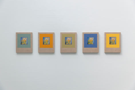 Kamrooz Aram, Variations on Glazed Bricks, 2021, Oil, color pencil and book pages on linen, Composed of 5 panels