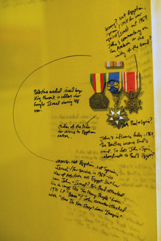 Michael Rakowitz,&nbsp;John (Egypt)&nbsp;(detail), 2012, Vintage satin, medals, lacquer pen writing