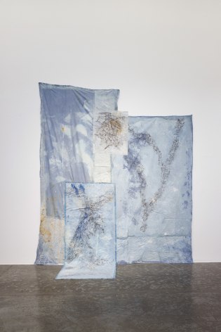 Dala Nasser, Misk 1, 2023, Fabric rubbings of the mastic trees of Chios Island, ash, charcoal, white limestone powder, and lapiz lazuli pigment, 360 x 260 cm