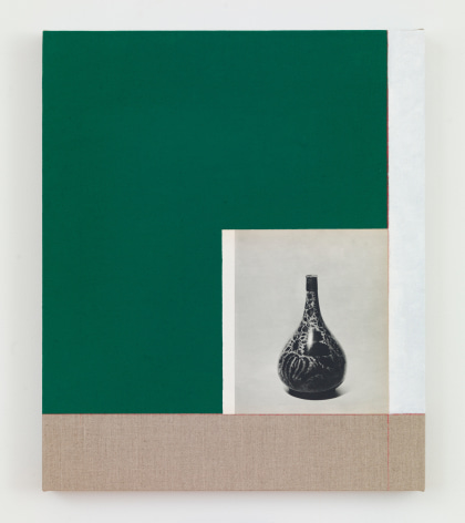 Kamrooz Aram, Andata (luster on Blue Glaze), 2021, Oil, pencil and book page on linen,&nbsp;60.96 x 50.8 cm