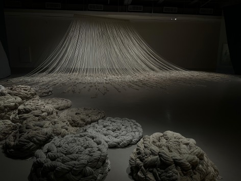 Afra Al Dhaheri, Weighted PAUSE:, 2025, Varied cotton rope, wood, and metal hooks