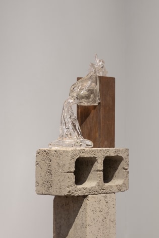 Afra Al Dhaheri, Give you weight to the ground (Glass), 2023, Glass, wood, and concrete cinderblock, 45 x 19 x 33 cm