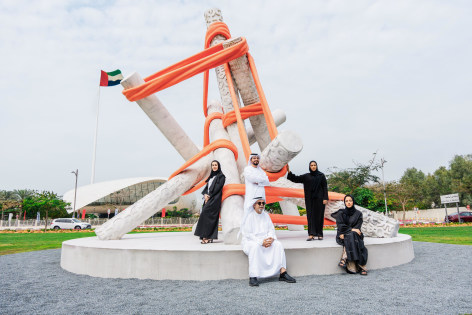 Artists Khalid Albanna, Afra Al Dhaheri, Shaikha Al Mazrou, Asma Belhamar, Mohamed Ahmed Ibrahim.&nbsp;Commissioned by Dubai Culture in collaboration with Art Dubai&nbsp;&lsquo;Union of Artists&rsquo; is the first permanent large-scale public sculpture of the Dubai Public Art Initiative.&nbsp;Photo by Cedric Ribeiro/Getty Images for Art Dubai