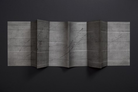 Seher Shah, Waves (I), 2024, Concertina handmade book with graphite dust, charcoal and ink on laid paper, 33 x 135 cm