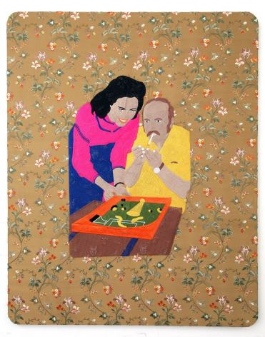 Raed Yassin, Dad Smoking, 2013, Silk thread embroidery on embroidered silk cloth, 100 x 80 cm