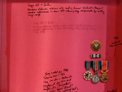 Michael Rakowitz, Ringo (Jordan) (detail), 2012, Vintage satin, medals, lacquer pen writing