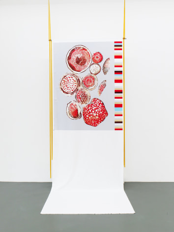 Rossella Biscotti,&nbsp;Dismembered Rafflesia, 2019, Silkscreen print on cotton, rubber strips, 700 x 160 cm