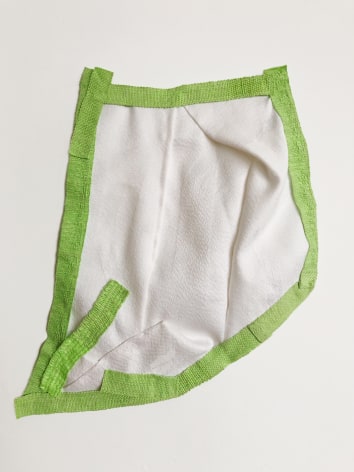 Hana Miletic, Materials, 2021, Hand-woven and Jacquard-woven textile (apple green organic cotton, apple green organic wet-spun linen, fluorescent green recycled nylon, shell white organic flax, soft white eri silk, and white polyester), 46 x 40 x 3 cm