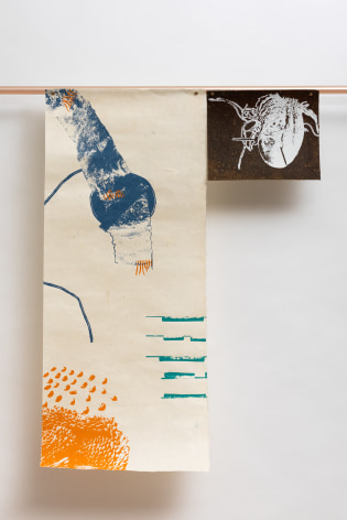 G&uuml;lşah Mursaloğlu, Dog Days in Retrospect_2 &amp;amp; 5, 2022, Silkscreen on hand-made paper and leather made from food waste