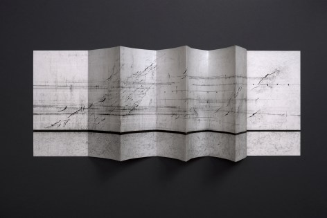 Seher Shah, Waves (II), 2024, Concertina handmade book with graphite dust, charcoal and ink on laid paper, 33 x 135 cm