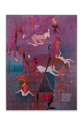Maryam Hoseini, Memory House, 2022, Acrylic, ink, and pencil on wood panel, 121.9 x 91.4 cm