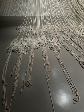 Afra Al Dhaheri, Weighted PAUSE:, 2025, Varied cotton rope, wood, and metal hooks