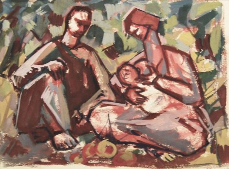 Mahmoud Hammad, The Family, 1965, Gouache on paper, 18 x 24 cm