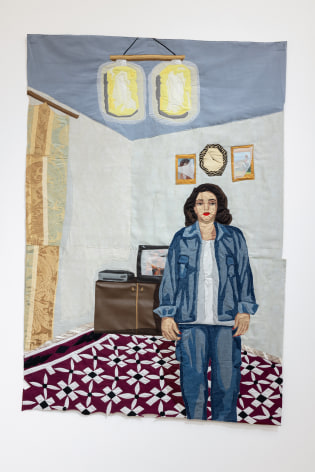 Hangama Amiri, Portrait of a Woman with Denim Jacket, 2023, Muslin, cotton, chiffon, polyester, suede, wallpaper, faux leather, vinyl paper, clear vinyl, Kodak photo, postcard, silk-chiffon, velvet, 210 x 144 cm