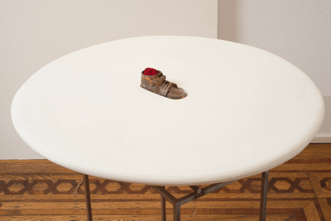 Fred Holland &quot;Anna Elizabeth&quot;, 2015 Steel, plaster, cast bronze baby shoe, and fabric 36 1/2 x 25 x 25 inches