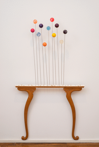 Fred Holland &quot;Henry XV&quot;, 2015 Wood, steel rods, plaster, locksmith keys, and toy balls 57 x 30 x 4 inches