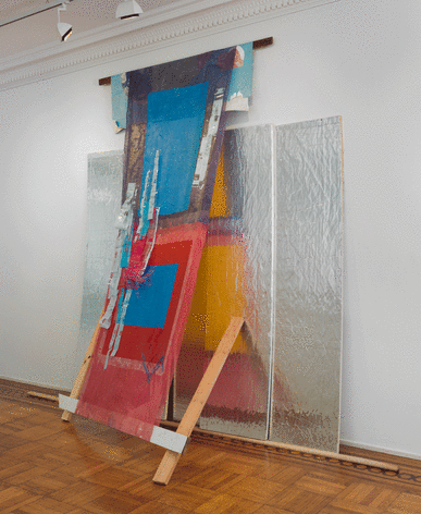 Tomashi Jackson &quot;Apartheid Blues II (Old Texas Courtroom)&quot;, 2015 Mixed media on gauze, canvas, wood and installation board 121 x 151 x 38-1/2 inches Installation View