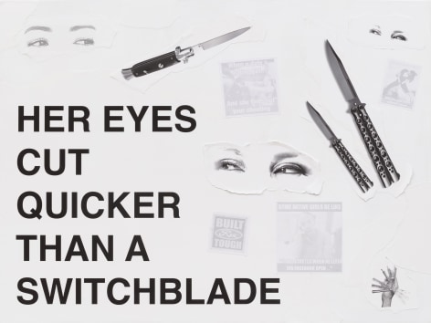 This is an image of a paper collage made by Anna Tsouhlarakis in 2024 titled: HER EYES CUT QUICKER THAN A SWITCHBLADE.