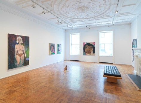 This image is an installation view of the February James exhibition titled &quot;When the Chickens Come Home To Roost.&quot; The exhibition features paintings, watercolors and sculptures by February James installed and on view at Tilton Gallery.
