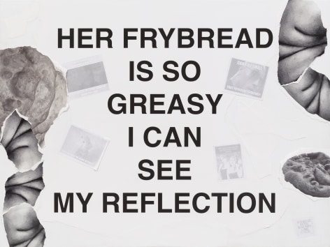 This is an image of a collage made by Anna Tsouhlarakis in 2024 titled: HER FRYBREAD IS SO GREASY I CAN SEE MY REFLECTION.