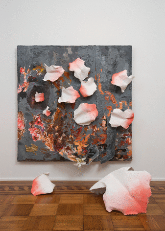 Kianja Strobert &quot;Dog fight&quot;, 2015 Wood, paper m&acirc;ch&eacute;, metal lathe, pumice, oil, acrylic, debris, sand, and plastic flowers 70-1/2 x 70-1/2 x 15-1/2 inches Installation dimensions variable