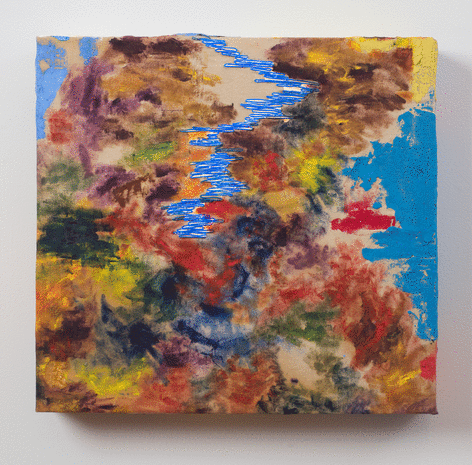 Kianja Strobert &quot;Love birds chirping at the window&quot;, 2015-2016 Oil, cotton sheet, sand, thread, EL wire, and battery pack 18 x 18-3/4 x 3-3/4 inches