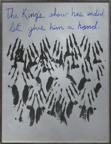 This is an image of an artwork made by David Hammons in 1968 titled: The King's Show Has Ended - - Let's Give Him a Hand.