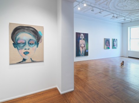 This image is an installation view of the February James exhibition titled &quot;When the Chickens Come Home To Roost.&quot; The paintings, watercolors and sculptures by February James are installed and on view at Tilton Gallery.
